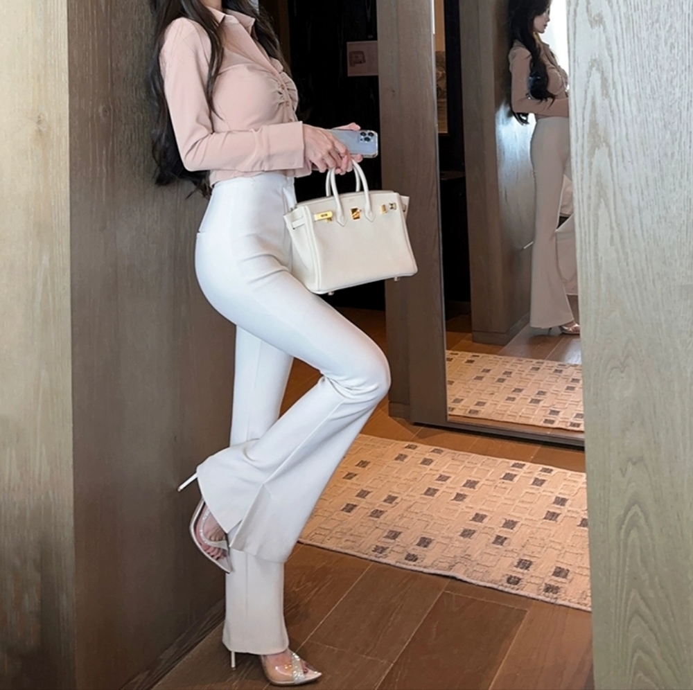 Gray White Korean Style High Waist Flare Pants
